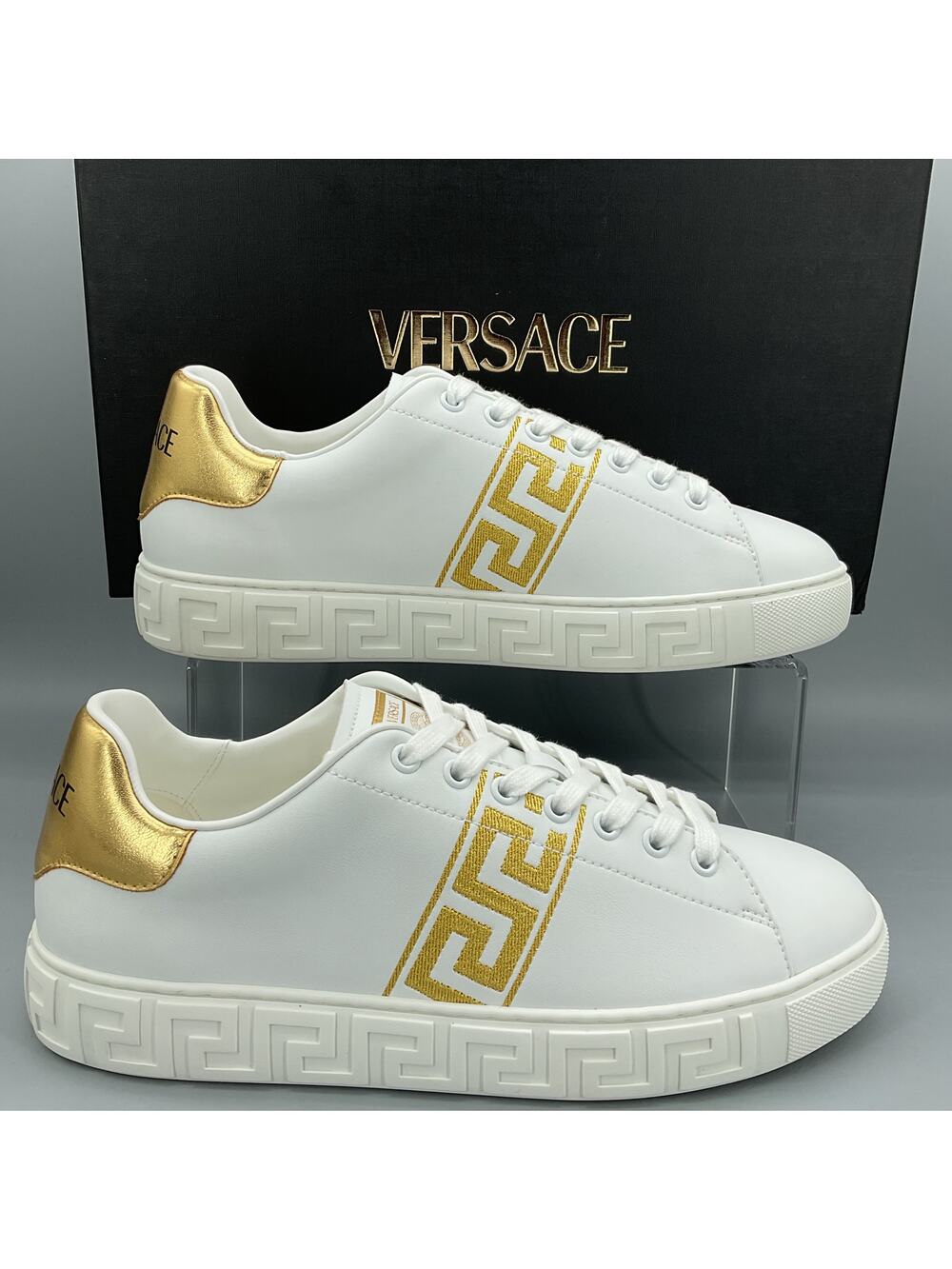 NEW Versace Women’s Greca Embroidered Nylon Sneakers White/Gold US 10/EU 40